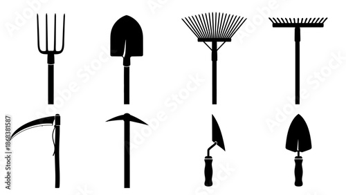 Minimalist Black and White Silhouettes of Gardening and Landscaping Tools Set
