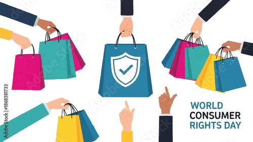 World Consumer Rights Day illustration with shopping bags and shield.