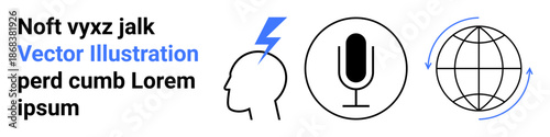 Mindfulness, communication, global connectivity, technology, media, innovation. Visuals of a head with lightning bolt, microphone and connected globe. Mindfulness and communication are highlighted