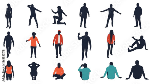 Silhouettes of people in various poses and attire against a white background