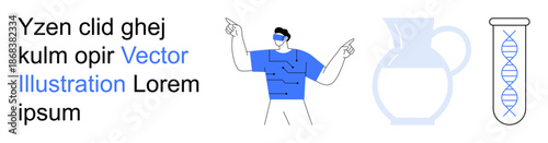 Science innovation, biotechnology, data analysis, education, genetics, healthcare. A man gesturing, a DNA test tube and a vase. Science innovation and biotechnology concept