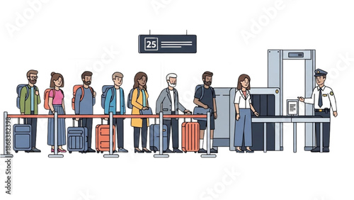 Diverse group of travelers waiting in line for airport security screening
