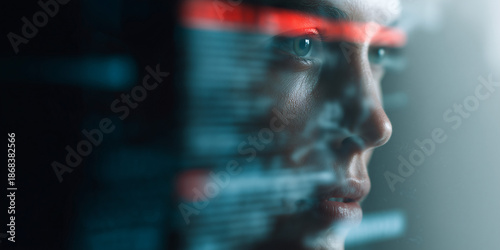 A portrait shot of a woman looking thoughtfully at digital information, suggesting intelligence and technological prowess. A sense of technological sophistication and human intelligence is evoked