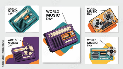 Vintage portable radios and cassette players celebrating World Music Day.