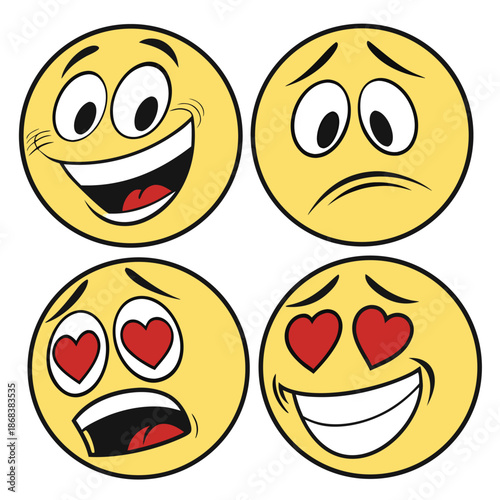 Set of four yellow emoticons with different expressions happy, sad, surprised with hearts, and loving