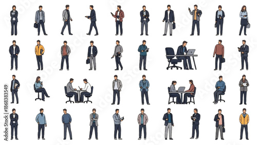 Diverse group of business professionals standing and working in various poses and attire