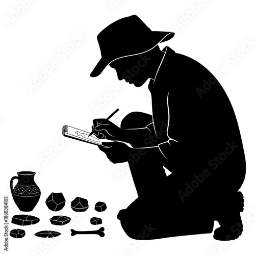 Archaeologist meticulously documenting ancient artifacts with pen and tablet.