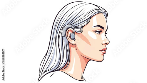 Woman with modern hearing aid device in her ear.