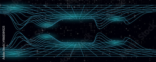 Technology perspective grid with mountain landscape background. Vector digital space wireframe landscape. Blue mesh on a black background