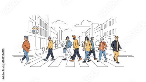 People crossing the street in a bustling urban environment with modern buildings and traffic lights