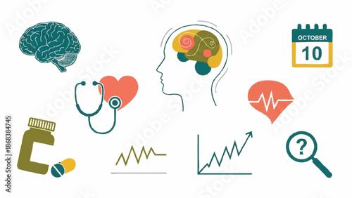 Medical and Health Icons Brain Heart Calendar and Pills.