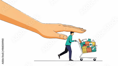 Giant Hand Protecting Man Pushing Shopping Cart Full of Groceries.