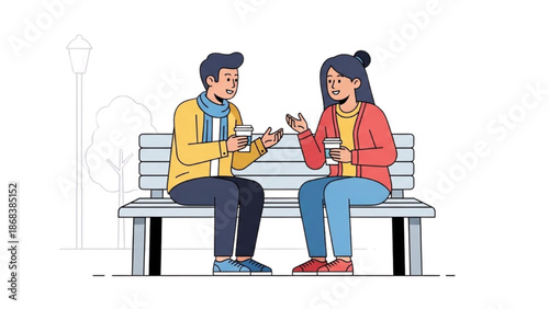 Two people sitting on a bench and conversing in a park