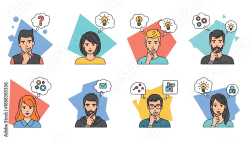 Diverse individuals contemplating various concepts illustrated in a graphic representation