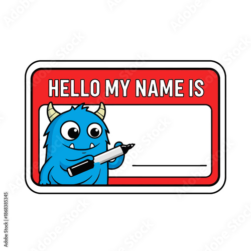 Hello My Name Is Sticker Badge with Cute Blue Monster Holding Marker Pen, Cartoon Name Tag Label for Kids Vector Illustration