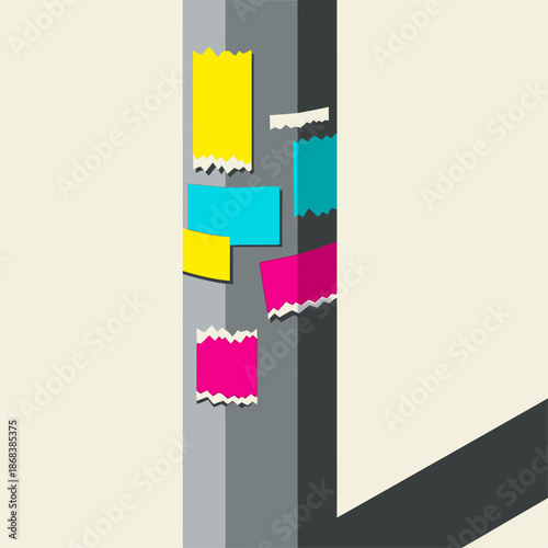 Concrete Pole with Ripped Colorful Flyers and Paper Scraps, Urban Street Post with Strong Shadow Vector Illustration