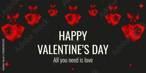 Modern Gradient Valentine's Day banner. Neon Gradient Frame from Geometric red Hearts bow and holiday message. Perfect for Valentine Day festival ads banner web backdrop. EPS 10