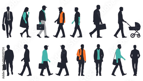 Silhouettes of diverse individuals walking with various accessories and attire in a professional setting