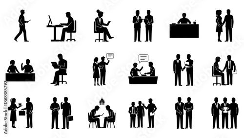 Collection of Silhouetted Business Professionals Engaged in Various Office Activities and Interactions