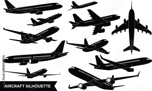 Aircraft airplane silhouettes collection showing multiple passenger jet angles, black vector illustration for aviation design, travel concepts, infographics, branding, and advertising