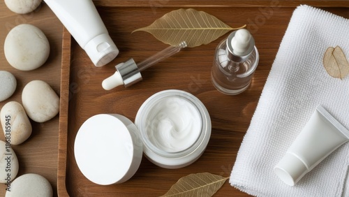 Natural skincare products on wooden tray with white towel