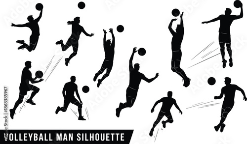 Dynamic silhouettes of male volleyball players in action poses, showcasing athletic movement, energy, and skill in competitive sports illustration.