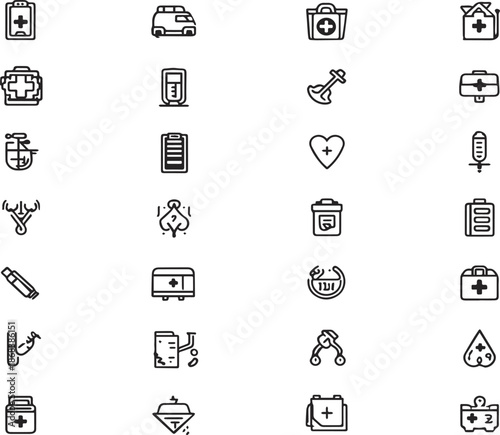 Outline icons depicting various medical services, hospital facilities, and healthcare tools.