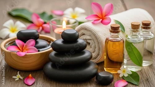 Relaxing spa setup with stones, flowers, and essential oils