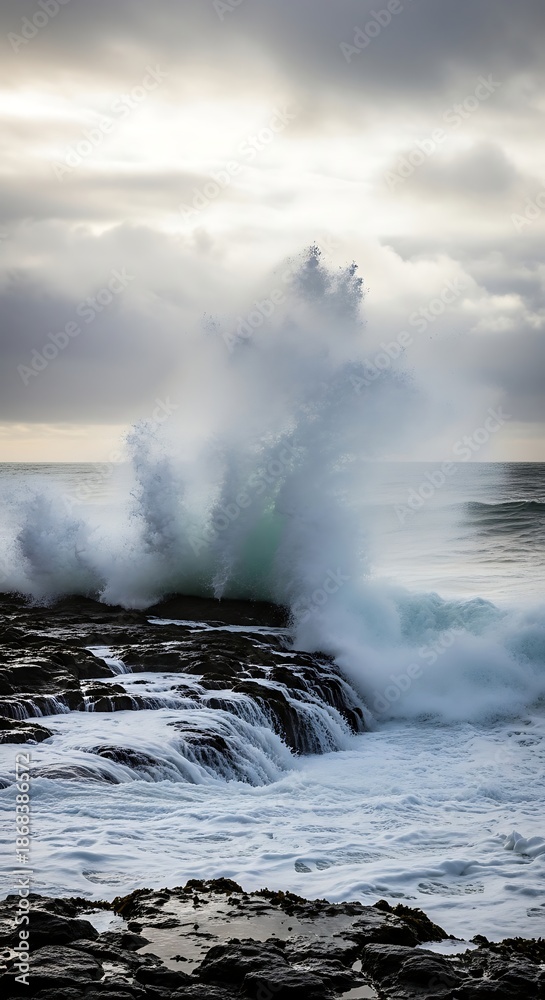 Obraz premium Ocean wave crashing on rocky shore under overcast sky