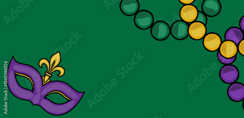 Festive Mardi Gras vector design with purple mask and gold fleur-de-lis, complemented by cascading green, gold, and purple beads on a solid green background.