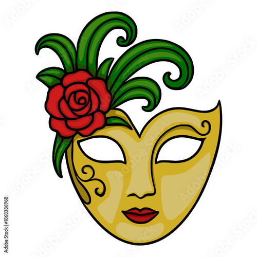 Decorative Venetian masquerade mask with red rose and green feathers, vector illustration