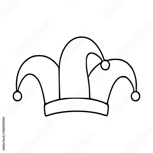 Simple black outline vector illustration of a jester's hat with three points and dangling pom-poms.