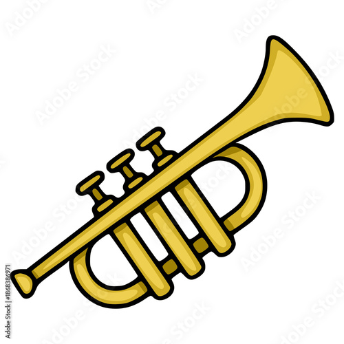 A stylized golden trumpet vector illustration with a bold black outline, featuring three valves and a curved bell, isolated on a clean white background.