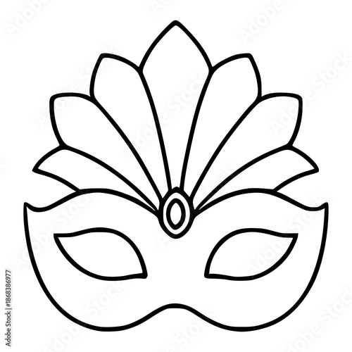 Elegant black and white vector illustration of a masquerade mask with a feathered headdress and central jewel, perfect for festive event design.