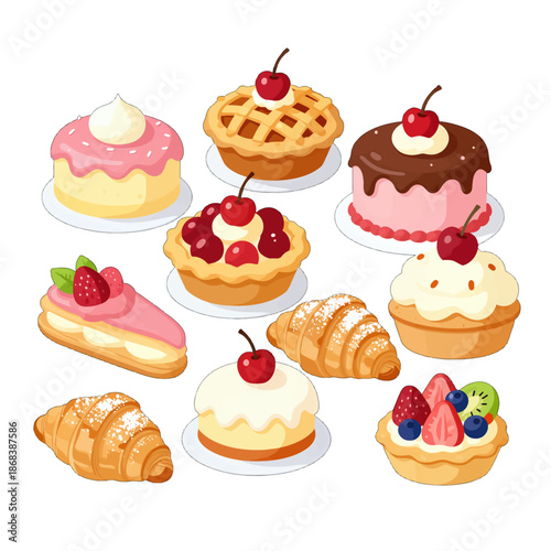 Assorted pastries and cakes with fruits and cream