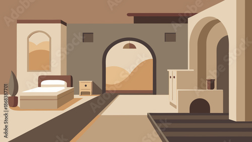 Flat vector illustration of cozy desert-style hotel room with arched doorway and warm colors