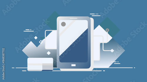 Modern flat illustration of smartphone with tech elements and abstract background