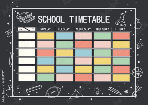 Colorful Weekly School Timetable on Blackboard Style.