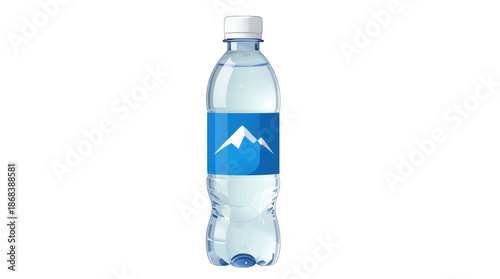Clear plastic water bottle with a blue label