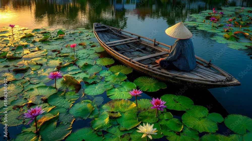 Fototapeta premium Woman Paddling Boat Through Lotus Pond.