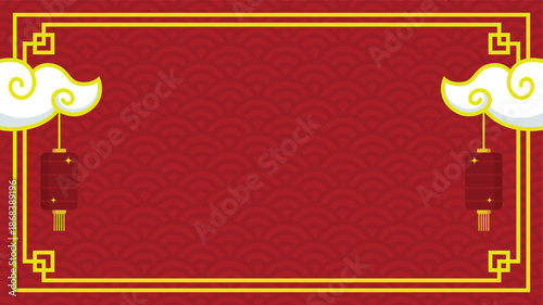 Red Lunar New Year copy space background with hanging lanterns and clouds suitable for Chinese New Year, greetings, and holiday events.