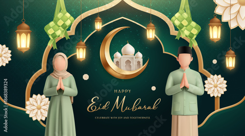 arabic ornament, banner, bedug drum, card, crescent moon, cultural celebration, culture, decoration, eid celebration, eid mubarak, faith concept, festival, festive background, gold ornament, green and