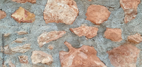 Red brick and cement stone texture background. Brick wall texture, stone texture, stonework background. Interior and exterior design, facade, fence. Building materials, renovation, and construction.