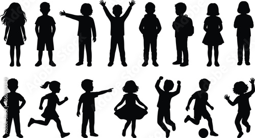 Set of children silhouettes in different poses showing standing, running, playing, jumping, and pointing actions, black vector illustration for childhood, education, and lifestyle design projects