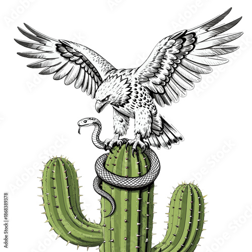 Eagle perched on cactus confronting a snake