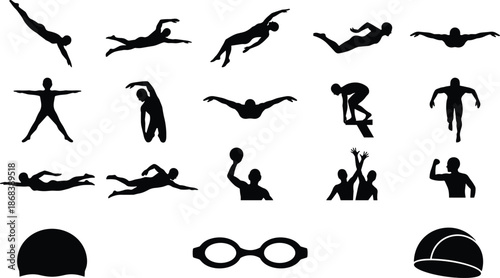 Set of swimming athlete silhouettes showing dive, stroke, jump, and water sport actions with swim cap and goggles icons, black vector illustration for sport and fitness design