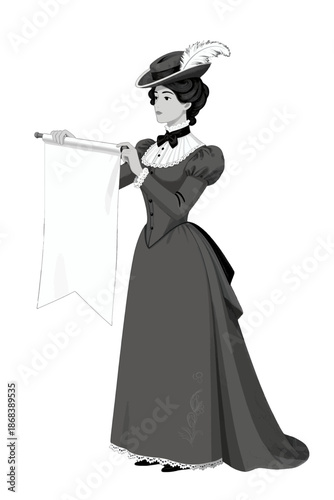 Elegant Victorian woman holding a blank banner