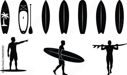 Surfboard and stand up paddle board silhouettes with surfer poses and paddle equipment, black vector illustration set for surfing, ocean sports, beach lifestyle, and outdoor adventure design projects