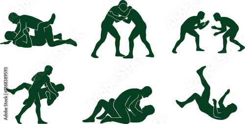 Set of wrestling and grappling fighter silhouettes showing takedowns, ground fighting, clinch positions, and combat sport techniques, green vector illustration for martial arts, training, and fitness 