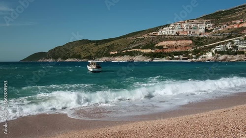 Wallpaper Mural Brandung am Strand mit Boot in der Ferne, Jala, Qark Vlora, Albanien Torontodigital.ca